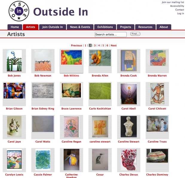 Image of Outside In webpage including thumbnails of artists work